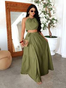 SHEIN SXY 2 pièces/Set Top court à col-halter et mini-jupe évasée, tenue de vacances