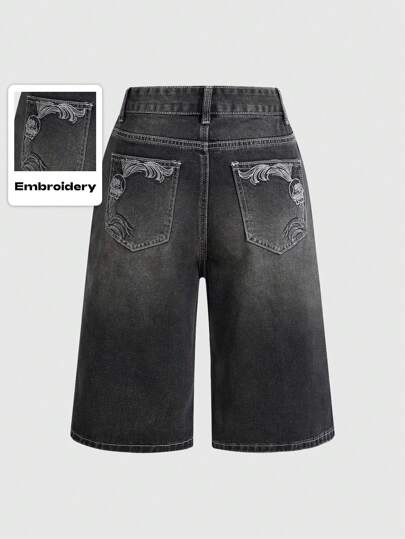 Grunge Punk Women's Loose-Fit Denim Shorts With Vintage Wash, Skull, Wing, Vine Embroidery Design, School
