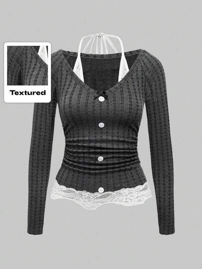 Kawaii Cute And Sweet Dark Heather Grey Ribbed Himekaji Contrast Lace Trim Ruched Fitted Ladies T-Shirt