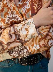 Maija Bluzka z nadrukiem kwiatowym w stylu boho, z długimi rękawami i opadającymi ramionami, luźna, swobodna, damska, na wiosnę/lato - Wielokolorowe - Zobacz 10