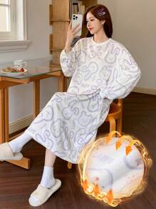 DAZY Cute Animal Print Flannel Oversized Nightgown - Beige - View 3