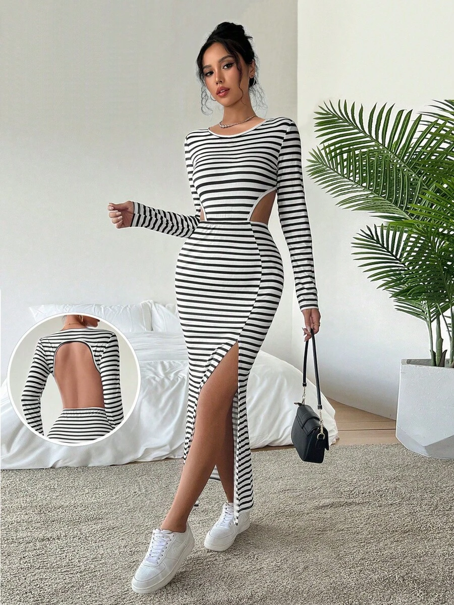 Chiquease Black & White Striped Backless Hollow-Out Bodycon Split Sexy Dress , Open Back Dress - Black and White - View 1