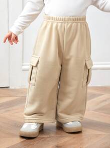 SHEIN Leap Crew Quần ống đứng dệt kim rộng rãi thoải mái có túi, phong cách Hàn Quốc cho bé trai và bé gái - Màu be - Xem 3