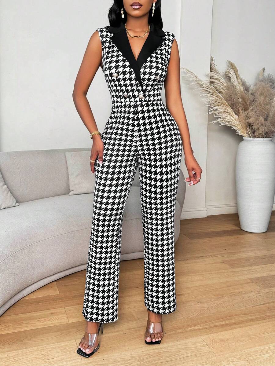 Zolique 女士简约无袖翻领连体裤，休闲日常穿着 - 黑與白 - 查看 1