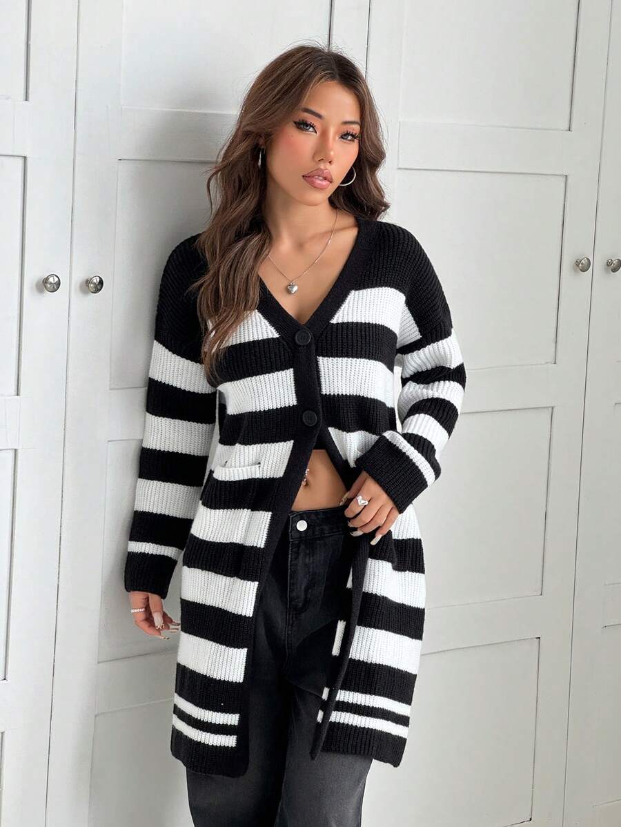 SHEIN EZwear 女士黑白条纹开衫毛衣，长袖，休闲，秋冬