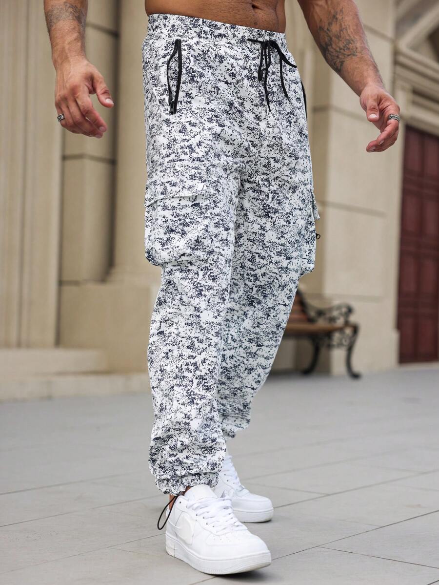 Manfinity Homme Men's Casual Full Print Drawstring Waist Cargo Pants, Autumn - Blue - View 1