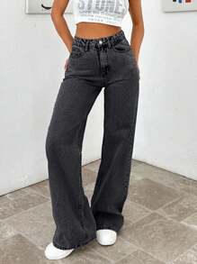 EURMUSE HIGH WAIST WIDE LEG LONG HEM PETITE JEAN - Black - View 4