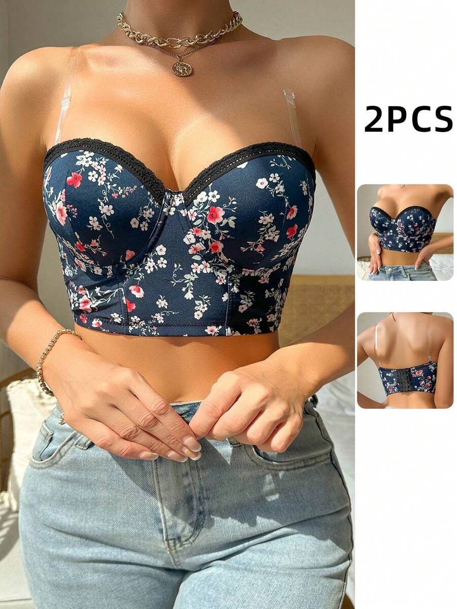 Wedaily 2pcs/Set Bra Tanpa Kawat Wanita Motif Bunga dengan Renda Kontras - MultiWarna - View 1