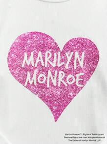 Marilyn Monroe X SHEIN Young Girl Glitter Heart Print Mock Neck Puff Sleeve Fitted White T-Shirt, Elegant Fashion Style