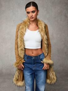 SHEIN BAE 女士纯色撞色蓬松拼接长袖时尚外套，秋冬季镂空服装，感恩节冬季 - 卡其色 - 查看 1