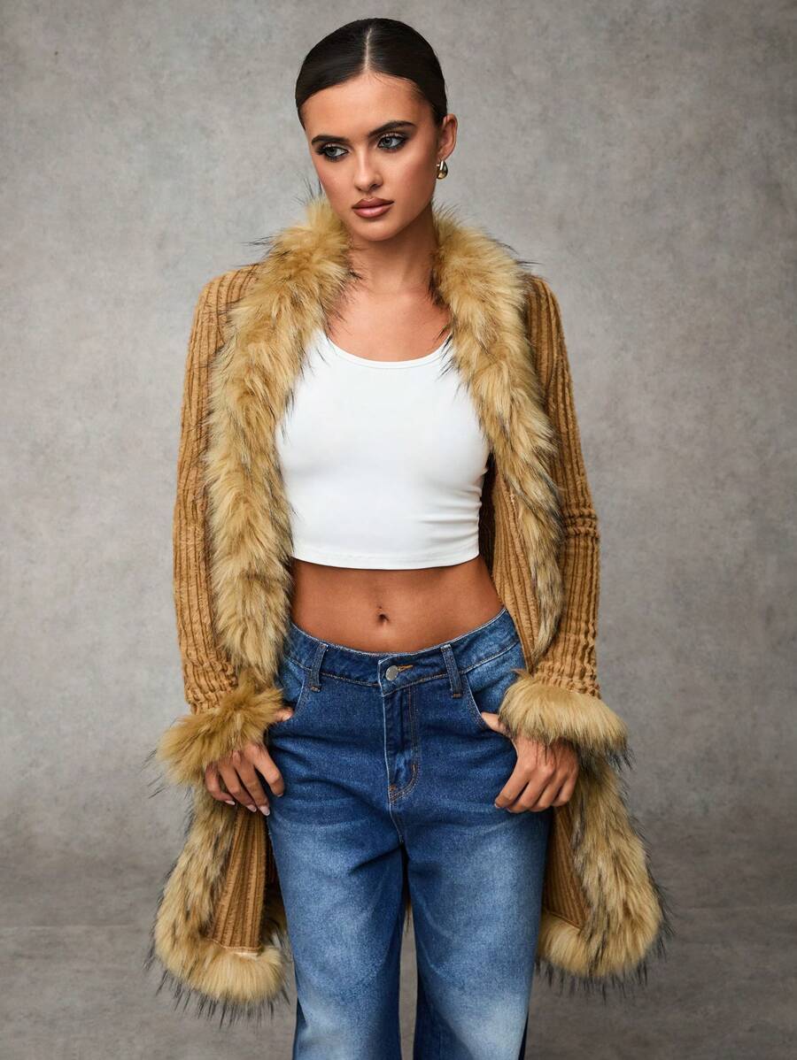 SHEIN BAE 女士纯色撞色蓬松拼接长袖时尚外套，秋冬季镂空服装，感恩节冬季 - 卡其色 - 查看 1