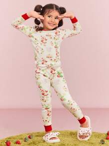 Strawberry Shortcake X SHEIN Conjunto de pijamas para meninas, 2 peças, estampa de desenho animado, camiseta casual e leggings, ajuste confortável, para o Natal
