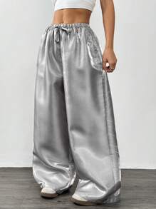 SHEIN EZwear 女士时尚闪亮垂坠宽松休闲阔腿银色裤子 - 銀色 - 查看 1