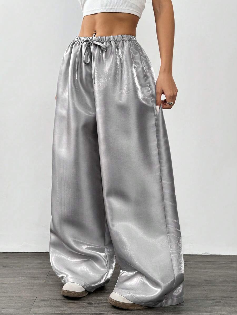 SHEIN EZwear 女士时尚闪亮垂坠宽松休闲阔腿银色裤子 - 銀色 - 查看 1