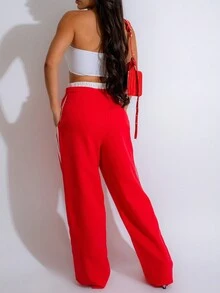 Women Loose Fit Contrast Color Casual Warm Sweatshirt & Pants Set Spring Red - Red - View 2