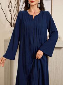 Al Najma 女式纯色缺口领喇叭袖褶皱长袍连衣裙，休闲朴素长袖束腰外衣 Jalabiya Kaftan 阿拉伯连衣裙，适合晚会/休闲日常 - 藏蓝色 - 查看 6
