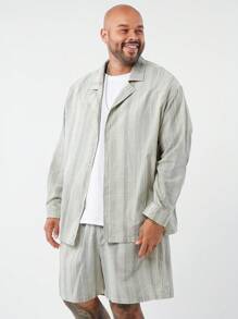 Manfinity NXTstreet Plus Size Men's Loose Striped Shirt And Woven Shorts Set, Blue White