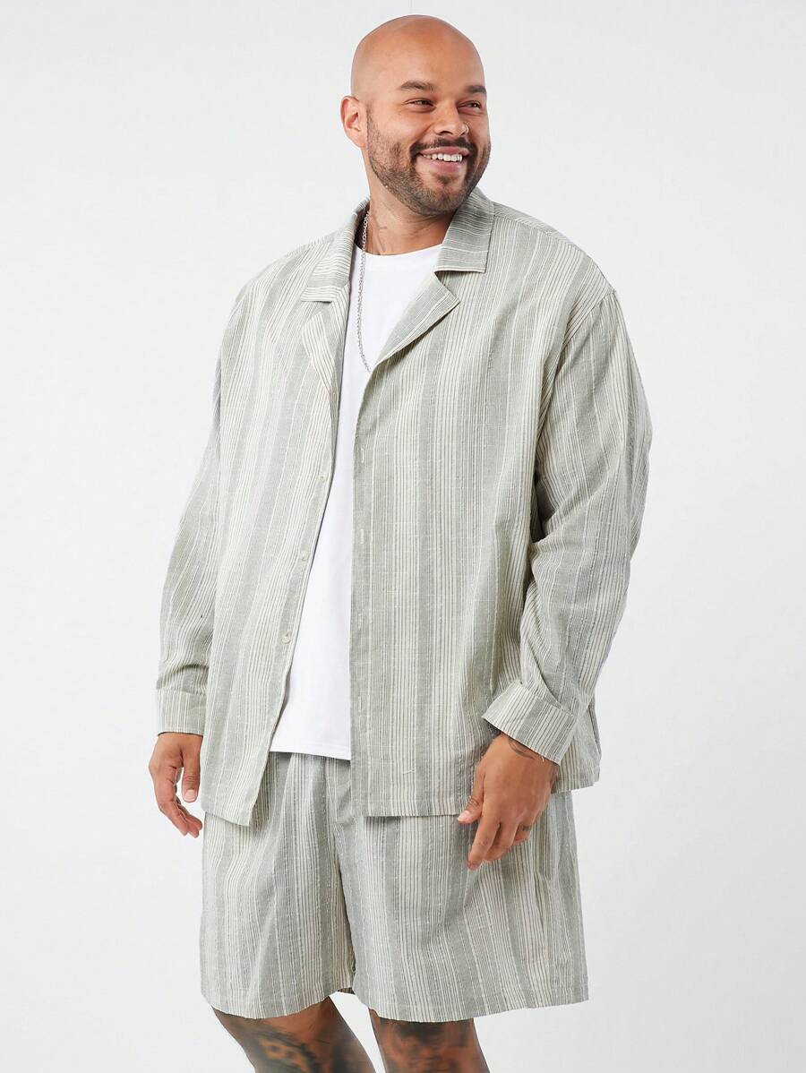 Manfinity NXTstreet Plus Size Men's Loose Striped Shirt And Woven Shorts Set, Blue White