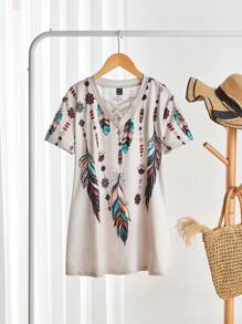 SHEIN LUNE 女士 V 领镂空羽毛印花休闲度假长袖 T 恤，秋季上衣 - 彩色 - 查看 3