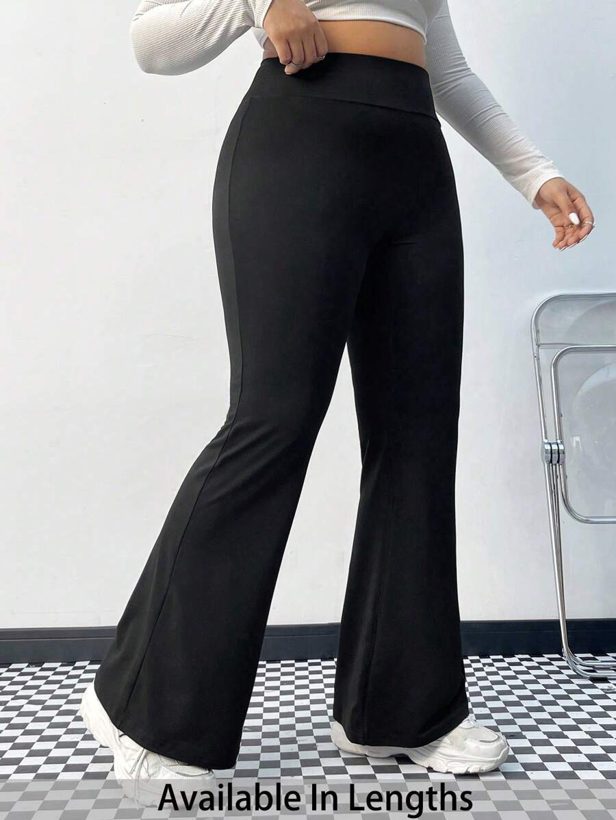 SHEIN PETITE CURVE Plus Size Women Solid Color High Waist Flare Casual Pants - Black - View 1