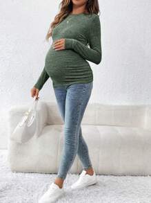 SHEIN Effen kleur zwangerschaps T-shirt met ronde hals en lange mouwen, getailleerd, lente en herfst