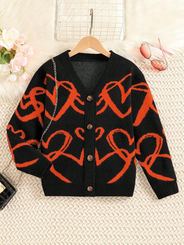 SHEIN Chaqueta de punto con cuello en V, patrón de corazón jacquard para niñas, abrigo suéter tejido, ropa exterior ligera de otoño
