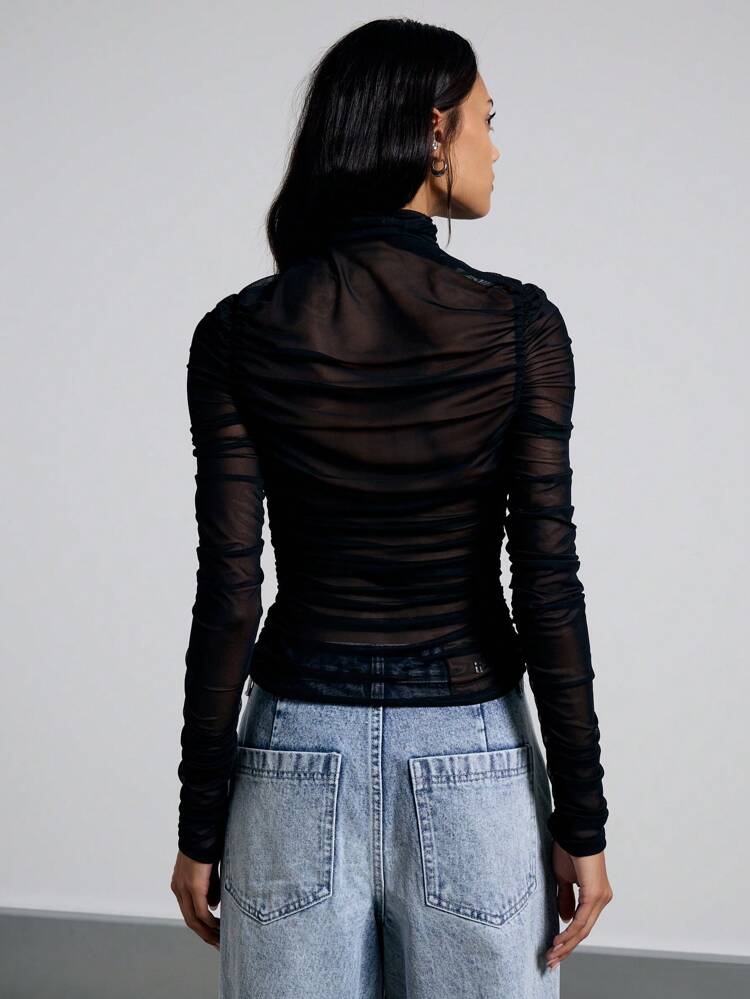 Sheer Mesh Long Sleeve High Neck Ruched Top