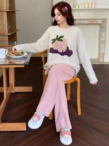 DAZY Cute Strawberry Pattern Half-Fleece Jacquard Warm Sleepwear Set Pajama