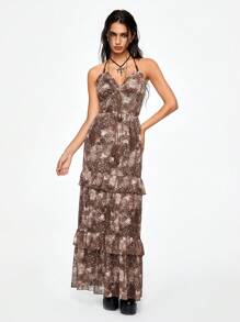 ROMWE Hippie Women's Bohemian Style Maxi Length Halter Neck Dress, Vacation