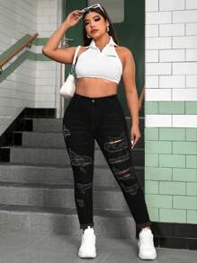 SHEIN EZwear Plus Size High Stretch Dark Washed Ripped Skinny Denim Jeans