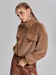 SHEIN 青少年女孩休闲落肩宽松翻领细节半拉链短款毛绒运动衫 - 棕色 - 查看 1