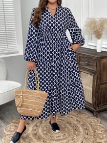 EMERY ROSE Đầm tay đèn lồng cổ chữ V họa tiết hình học xuân thu cỡ lớn cho nữ - Màu xanh hải quân - Xem 1