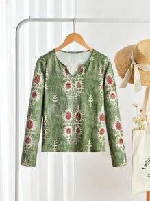 SHEIN LUNE Damen Frühlings- und Herbst V-Ausschnitt Langarm Lässig T-Shirt mit Blume Muster