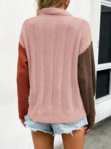 SHEIN LUNE Partial Buttoned Contrast Collar Color-Block Knit Texture Sweater, Fall Clothes Knit Pullover Fall Winter Outfit