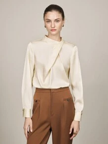 BizChic Women's Elegant Asymmetrical Design Collar Long Sleeve Blouse, Office Commute Wear - Apricot - View 8