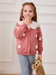 Cozy Pixies 3D花朵休闲百搭圆领长袖针织开衫