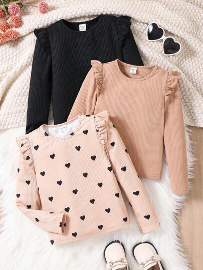 最便宜的年轻女孩买 1 送 2，3 件套年轻女孩纯色和波尔卡圆点印花圆领盖袖豹纹印花 T 恤上衣套装，返校服装，运动风格，街头风格，姐妹和我的搭配，圣诞节，非常适合秋冬季休闲和日常穿着和学校日常