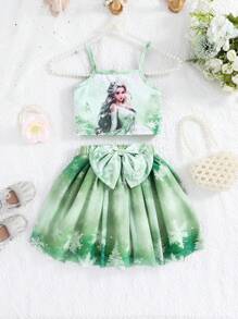 SHEIN 2 件装少女可爱公主印花吊带背心和蝴蝶结半身裙套装，春夏 - 薄荷綠 - 查看 1