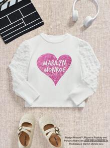 Marilyn Monroe X SHEIN Young Girl Glitter Heart Print Mock Neck Puff Sleeve Fitted White T-Shirt, Elegant Fashion Style