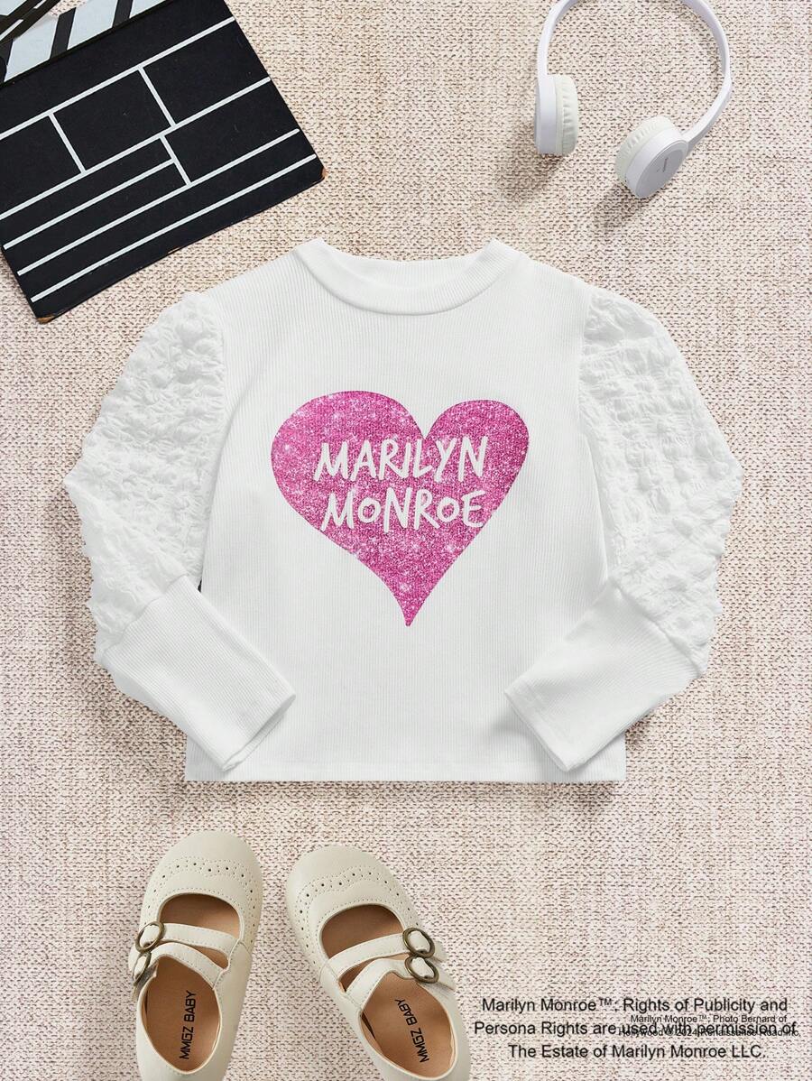 Marilyn Monroe X SHEIN Young Girl Glitter Heart Print Mock Neck Puff Sleeve Fitted White T-Shirt, Elegant Fashion Style