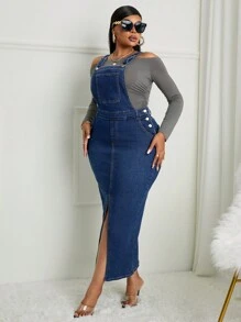 SHEIN SXY Plus Size Sexy Elastic Denim Slit Strap Dress
