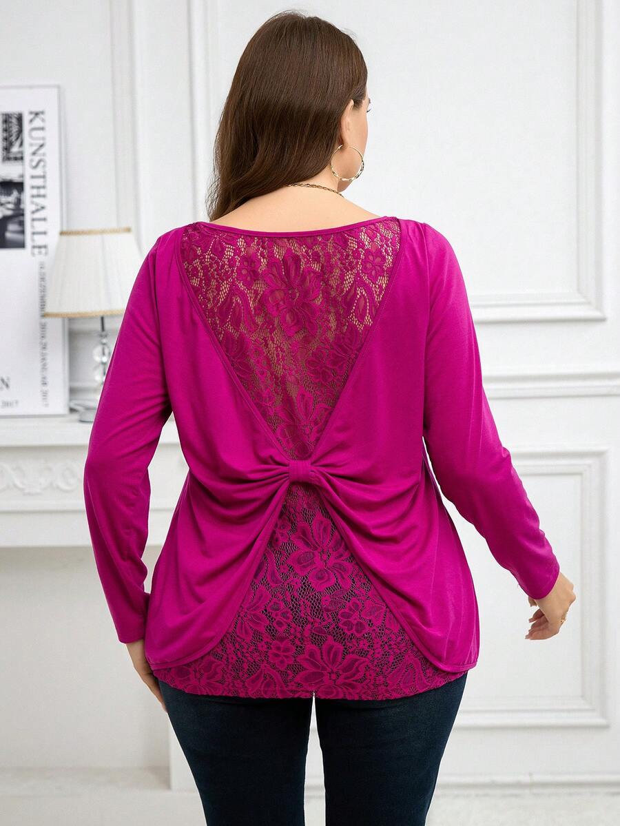 SHEIN Clasi 大码优雅紫色和红色对比蕾丝圆领/露肩宽松 T 恤 - 中紫紅色 - 查看 1