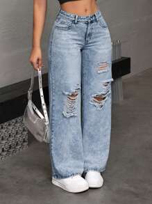 SHEIN EZwear 女士纯色做旧口袋宽松牛仔裤 - 淺色水洗藍 - 查看 8