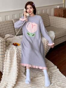 DAZY Đầm ngủ nữ mềm mại, bồng bềnh họa tiết hoa tulip, viền bèo nhún, thích hợp cho mùa thu đông, ấm áp, kiểu váy ngủ Moo Moo. - Màu tím - Xem 6