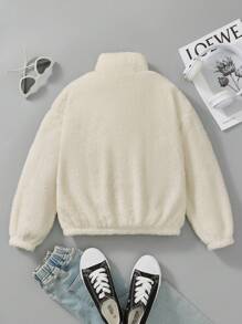 Tween Girls' Loose Casual Letter Decor Fuzzy Knit Half-Zip Sweatshirt,In Fall/Winter - Apricot - View 2