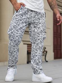 Manfinity Homme Men's Casual Full Print Drawstring Waist Cargo Pants, Autumn - Blue - View 3