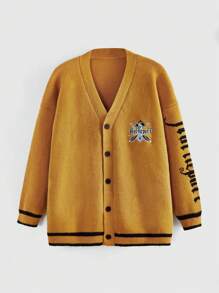 Harry Potter | ROMWE 大码正面纽扣开衫，带字母刺绣和落肩，学校 - 黃色 - 查看 7