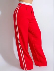 Women Loose Fit Contrast Color Casual Warm Sweatshirt & Pants Set Spring Red - Red - View 3
