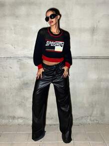 SHEIN ICON Áo len croptop họa tiết xe đua màu sắc vừa vặn dành cho nữ - màu đen - Xem 5