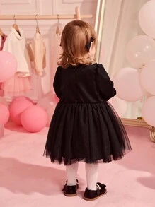 SHEIN 女婴天鹅绒长袖网眼连衣裙，带蝴蝶结，公主风格，秋冬